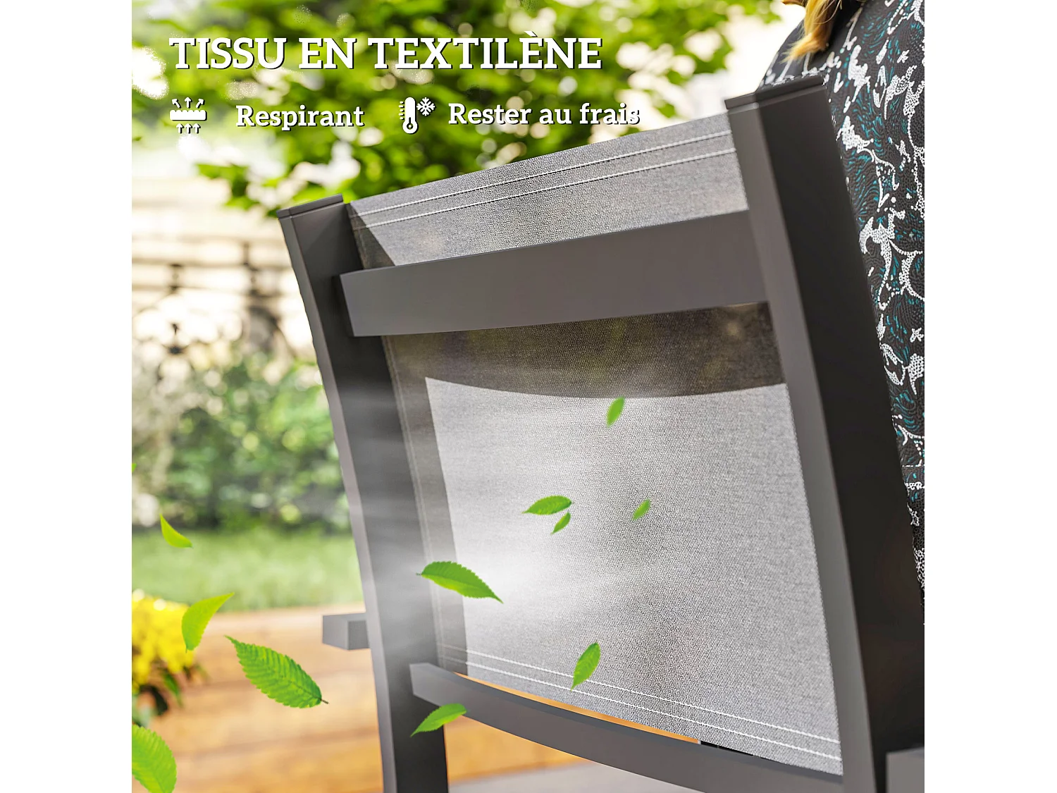 Lot de 4 chaises de jardin assise dossier textilène structure alu accoudoirs revêtement PVC effet bois