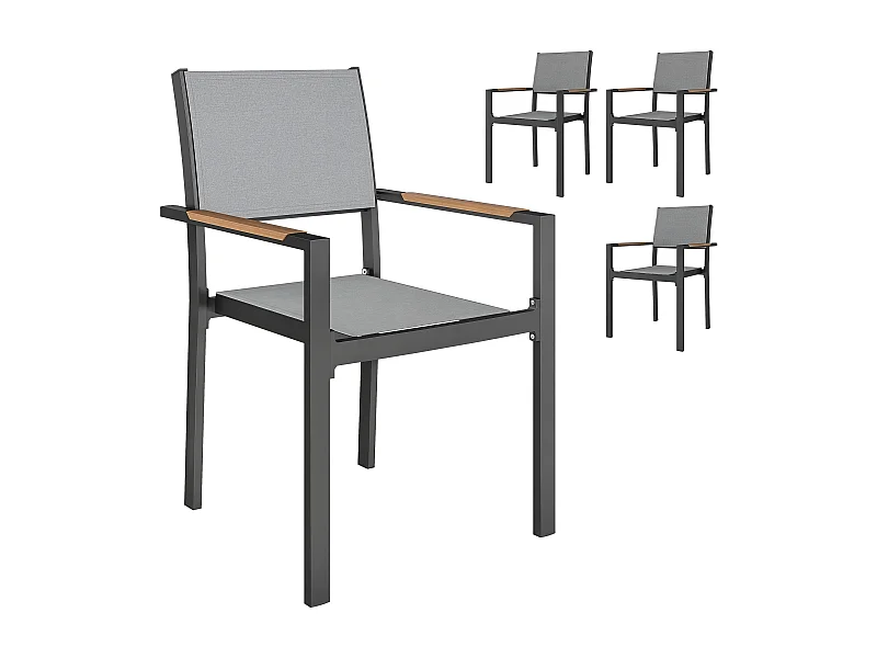 Lot de 4 chaises de jardin assise dossier textilène structure alu accoudoirs revêtement PVC effet bois