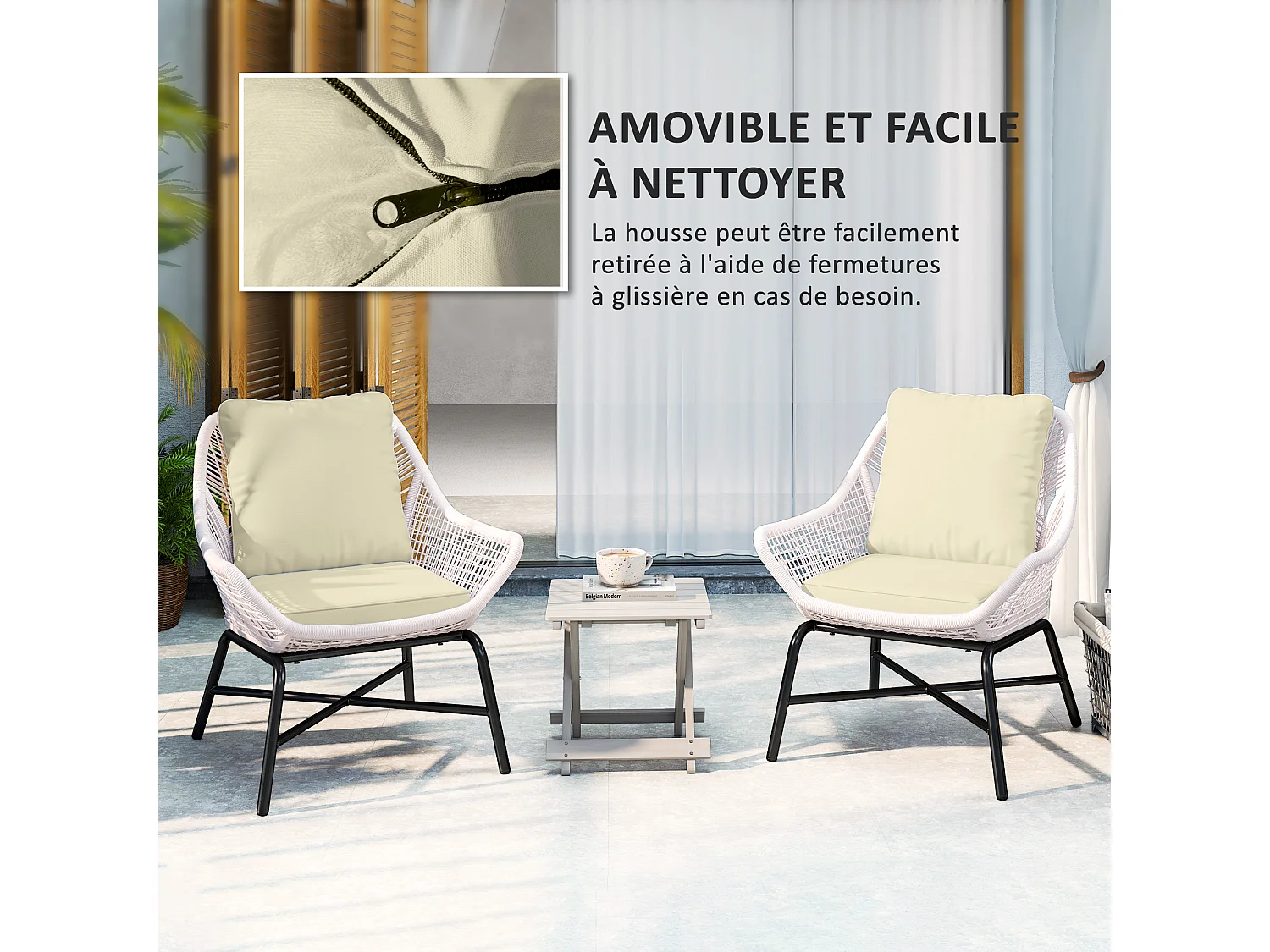 Lot de 2 coussins galettes assise dossier de chaises fauteuils de jardin polyester blanc cassé