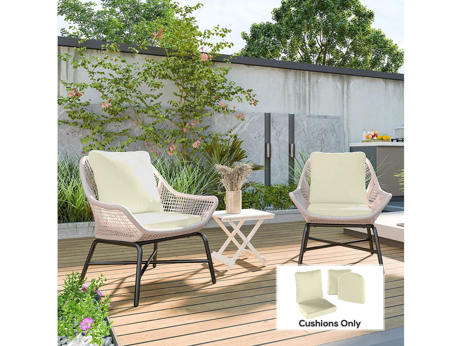 Lot de 2 coussins galettes assise dossier de chaises fauteuils de jardin polyester blanc cassé