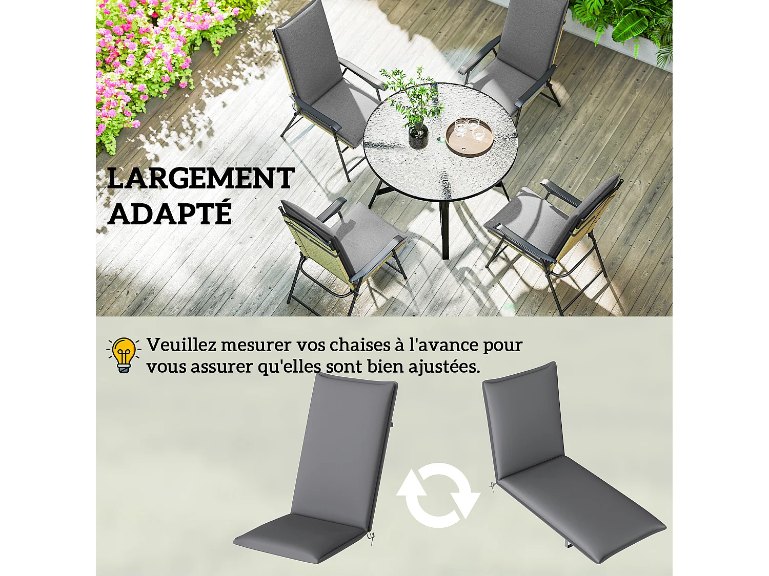 Lot de 4 coussins galettes assise dossier de chaises fauteuils de jardin polyester gris