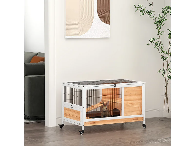 Clapier à lapin sur roulettes cage à lapin 2 étages porte verrouillable toit ouvrant plateau coulissant rampe bois de sapin orange blanc
