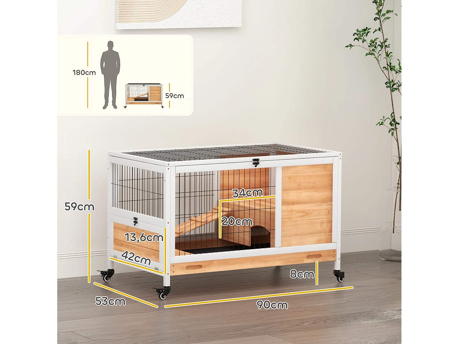 Clapier à lapin sur roulettes cage à lapin 2 étages porte verrouillable toit ouvrant plateau coulissant rampe bois de sapin orange blanc