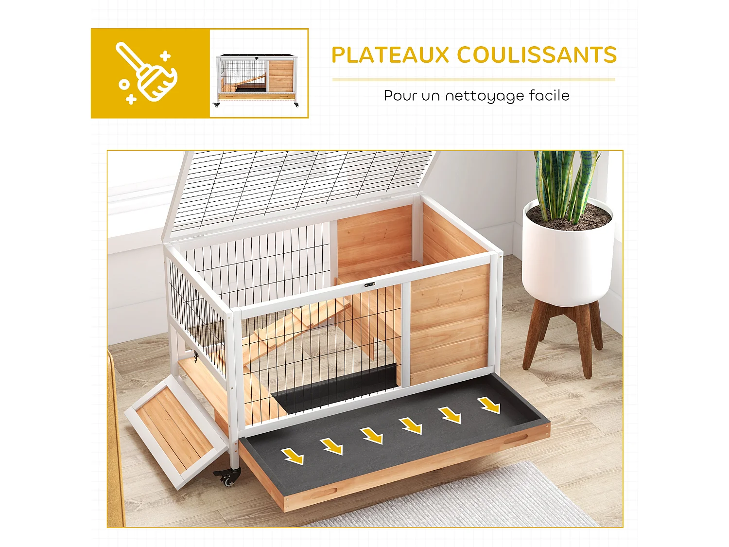 Clapier à lapin sur roulettes cage à lapin 2 étages porte verrouillable toit ouvrant plateau coulissant rampe bois de sapin orange blanc