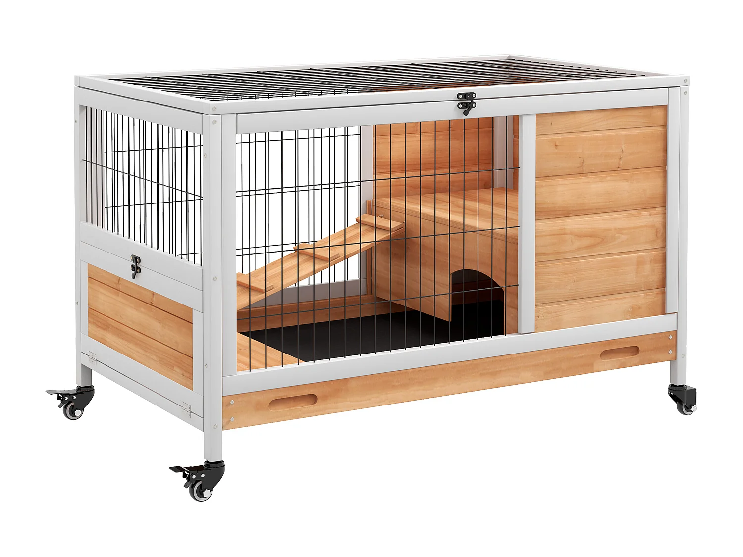 Clapier à lapin sur roulettes cage à lapin 2 étages porte verrouillable toit ouvrant plateau coulissant rampe bois de sapin orange blanc