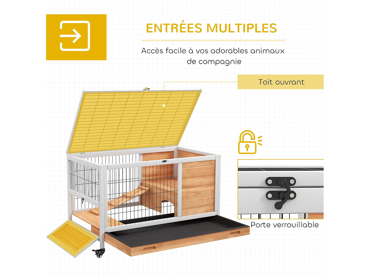 Clapier à lapin sur roulettes cage à lapin 2 étages porte verrouillable toit ouvrant plateau coulissant rampe bois de sapin orange blanc