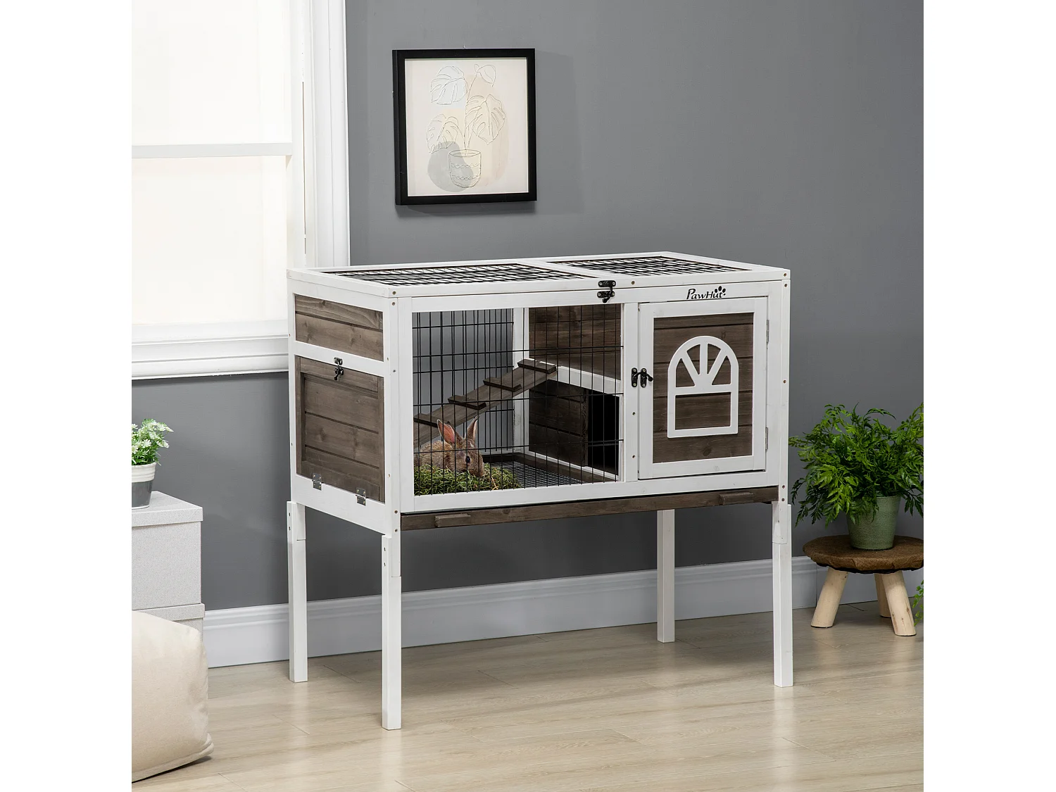 Clapier cage à lapin - 2 portes verrouillables, toit ouvrant, plateau excrément - bois foncé blanc