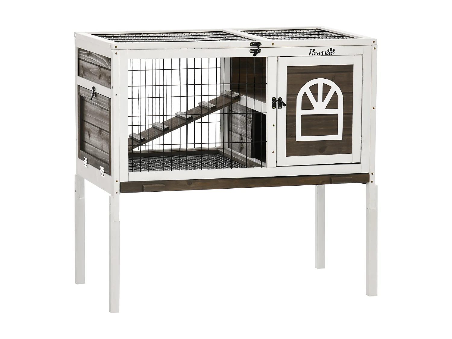 Clapier cage à lapin - 2 portes verrouillables, toit ouvrant, plateau excrément - bois foncé blanc