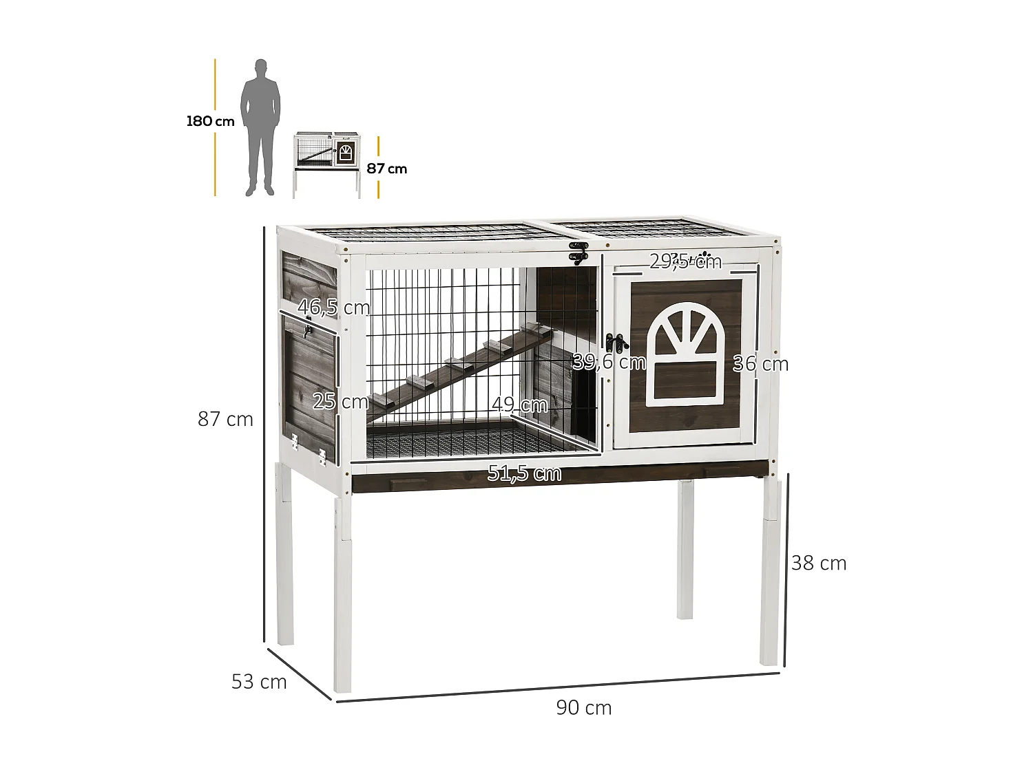 Clapier cage à lapin - 2 portes verrouillables, toit ouvrant, plateau excrément - bois foncé blanc