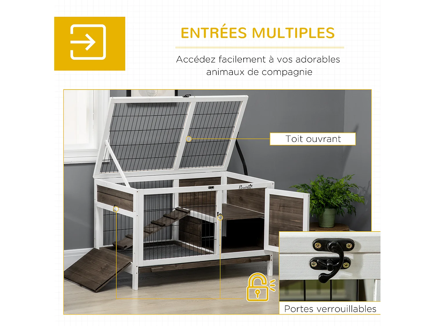 Clapier cage à lapin - 2 portes verrouillables, toit ouvrant, plateau excrément - bois foncé blanc