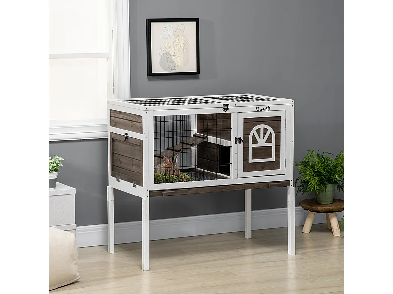 Clapier cage à lapin - 2 portes verrouillables, toit ouvrant, plateau excrément - bois foncé blanc
