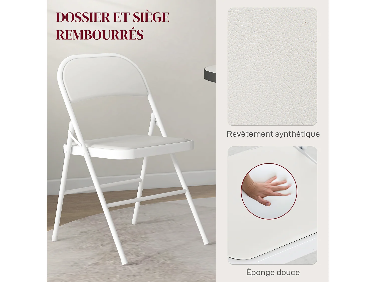 Lot de 4 chaises pliantes assise dossier rembourrés acier synthétique blanc