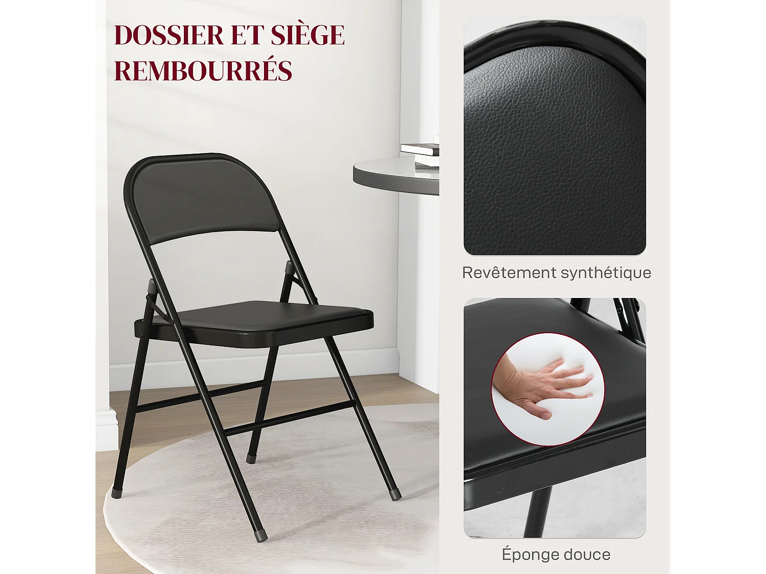 Lot de 2 chaises pliantes assise dossier rembourrés acier synthétique noir