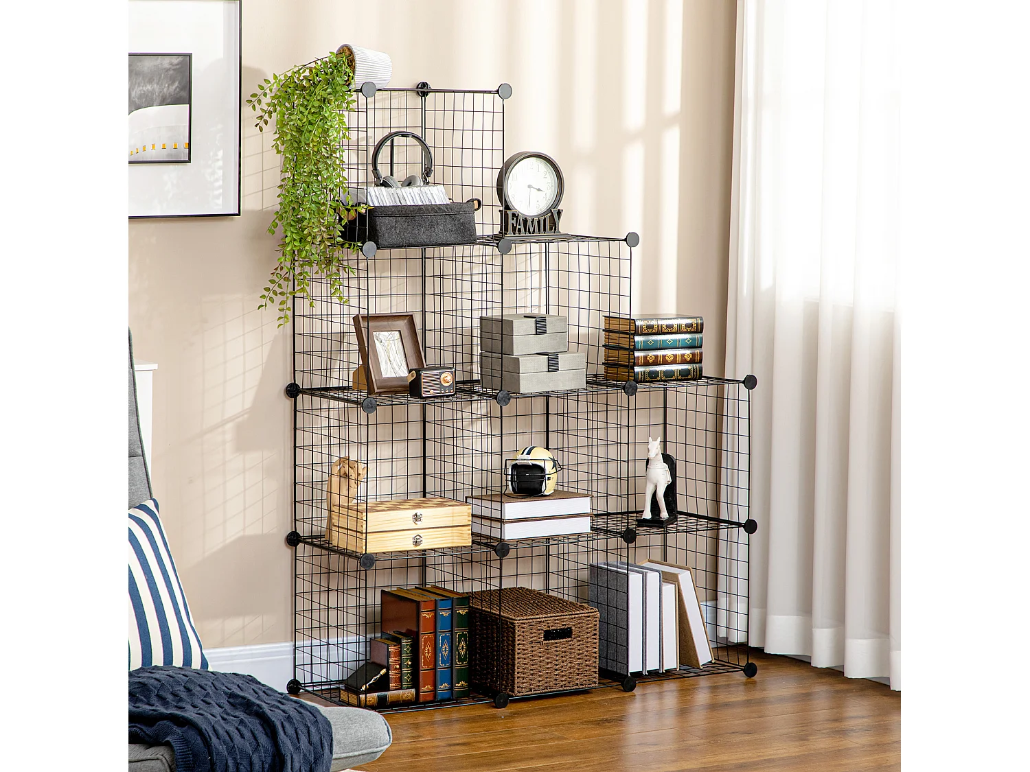 9 étagères de rangement empilables cubique en grillage métallique dim. cube 35 x 35 cm noir