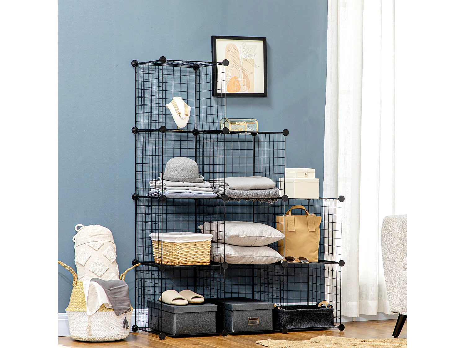 9 étagères de rangement empilables cubique en grillage métallique dim. cube 35 x 35 cm noir