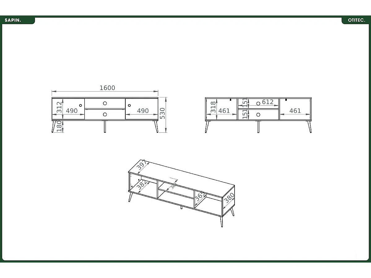 Meuble TV - H.54 x L.160 x P.40 cm - SAPIN