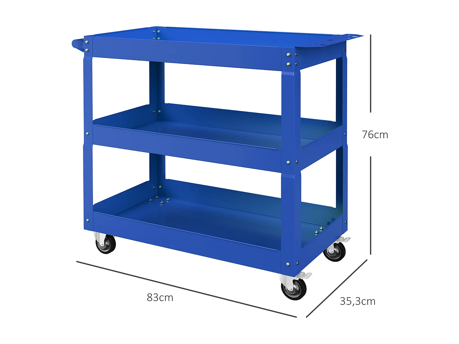 Chariot desserte d'atelier acier 3 plateaux sur roulettes avec poignée - charge max. 150 kg - 83 x 35,3 x 76 cm bleu