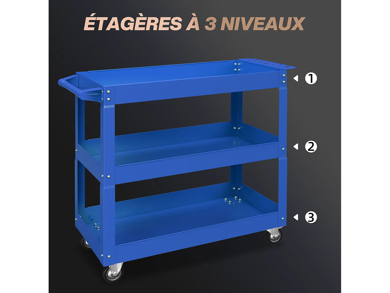 Chariot desserte d'atelier acier 3 plateaux sur roulettes avec poignée - charge max. 150 kg - 83 x 35,3 x 76 cm bleu