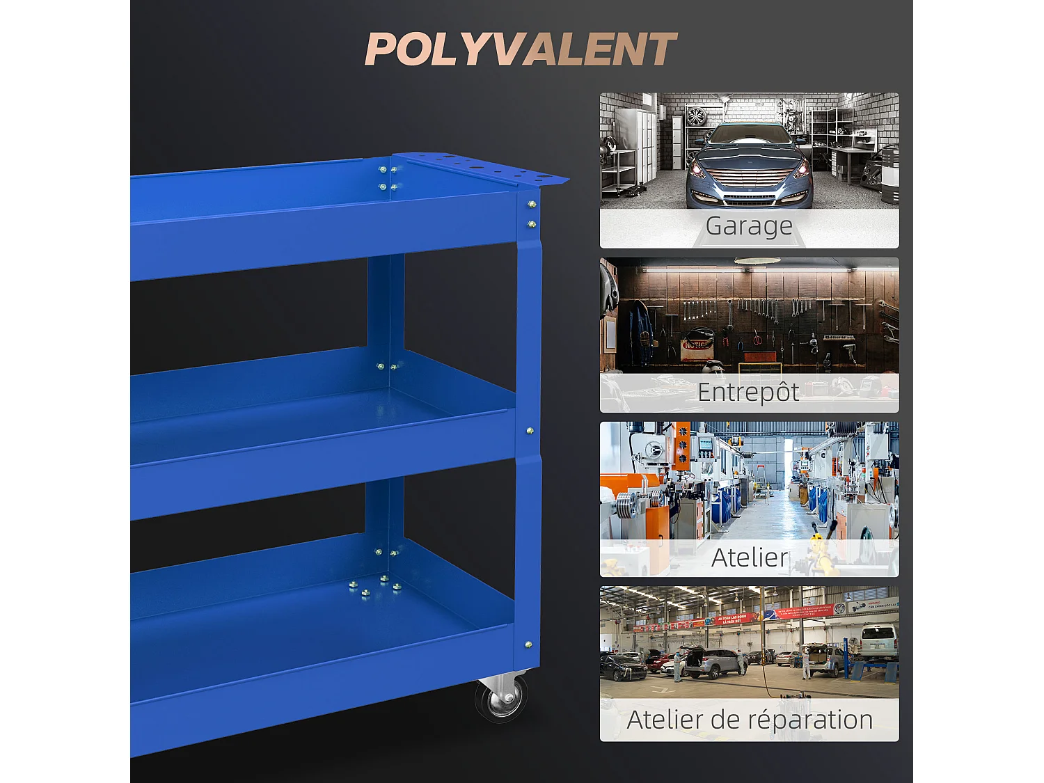 Chariot desserte d'atelier acier 3 plateaux sur roulettes avec poignée - charge max. 150 kg - 83 x 35,3 x 76 cm bleu