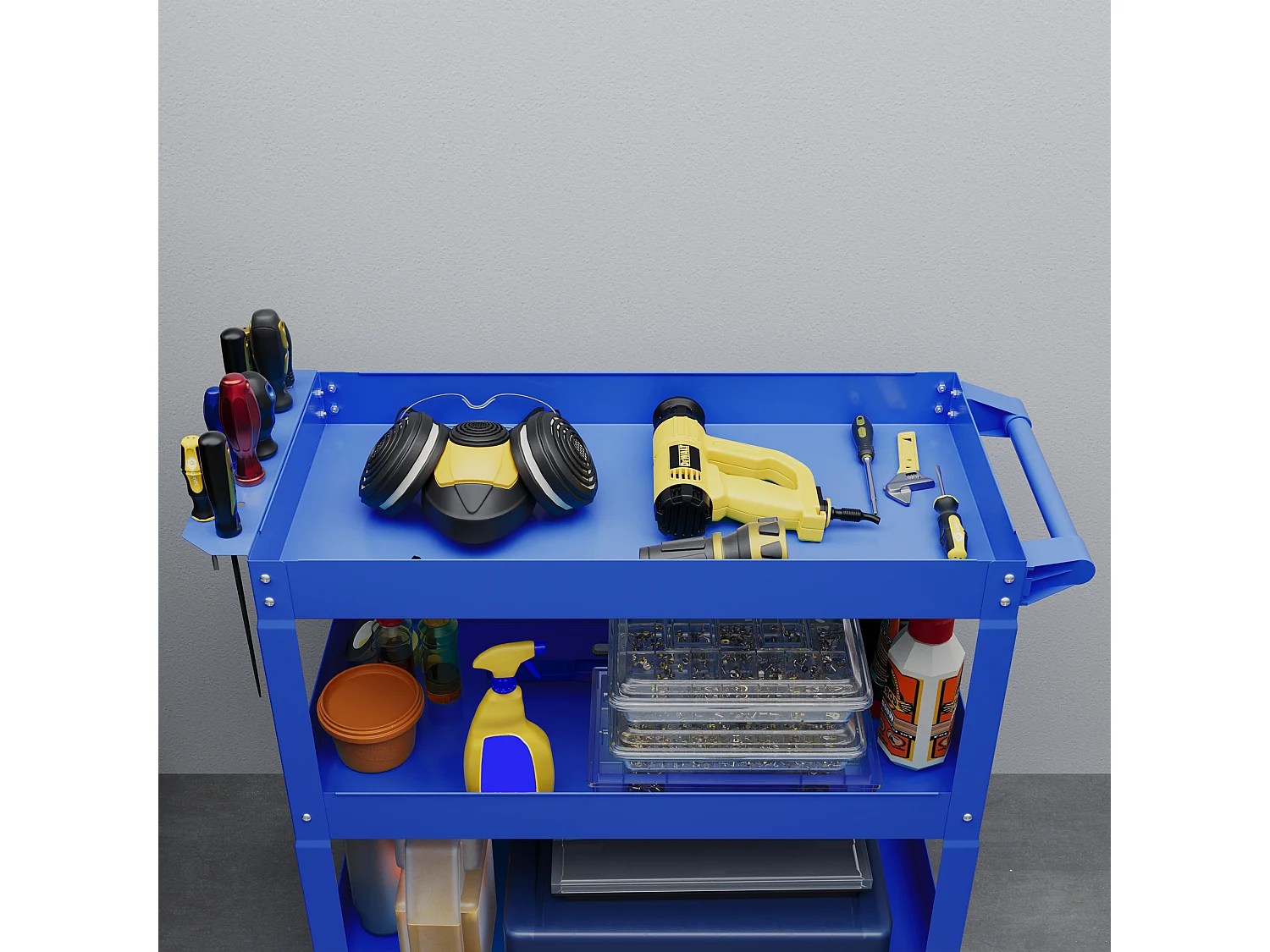 Chariot desserte d'atelier acier 3 plateaux sur roulettes avec poignée - charge max. 150 kg - 83 x 35,3 x 76 cm bleu