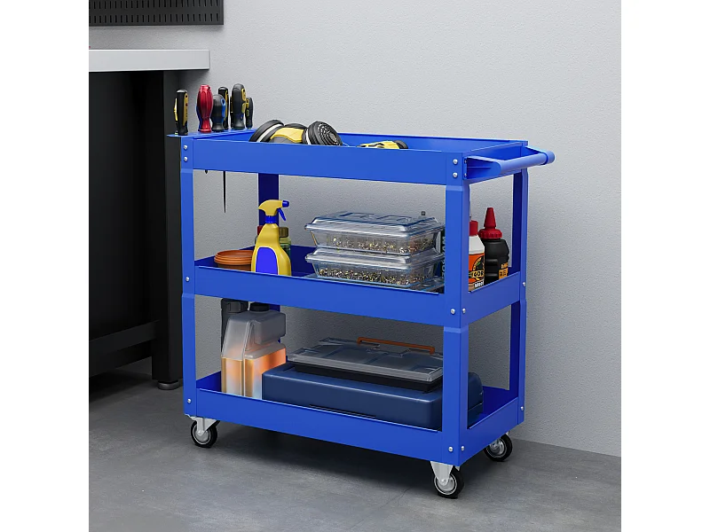 Chariot desserte d'atelier acier 3 plateaux sur roulettes avec poignée - charge max. 150 kg - 83 x 35,3 x 76 cm bleu