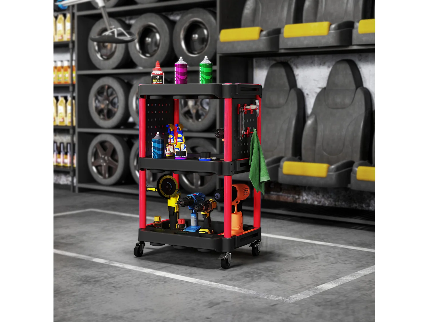 Servante chariot d'atelier multi-rangement 3 niveaux 2 panneaux perforés crochets rouge noir