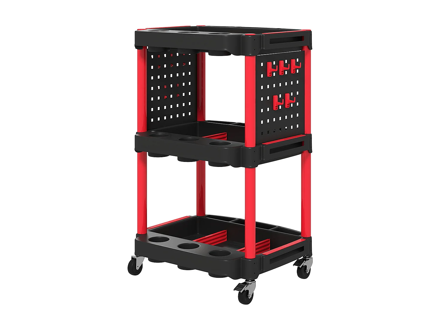 Servante chariot d'atelier multi-rangement 3 niveaux 2 panneaux perforés crochets rouge noir