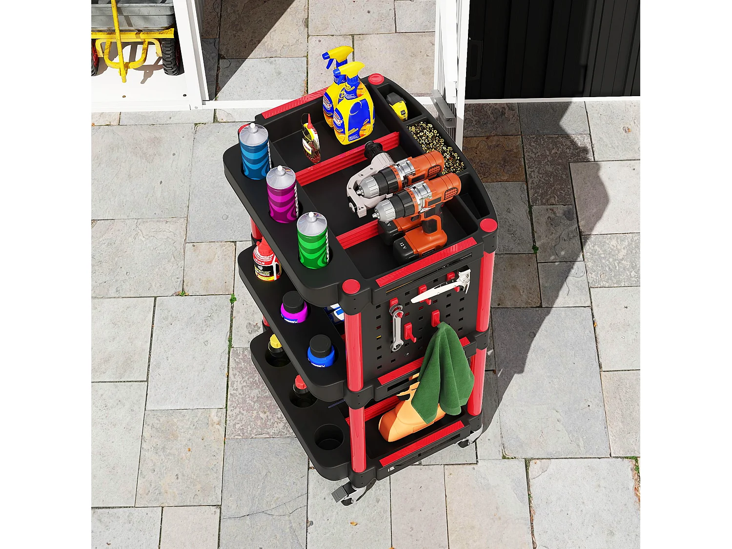 Servante chariot d'atelier multi-rangement 3 niveaux 2 panneaux perforés crochets rouge noir