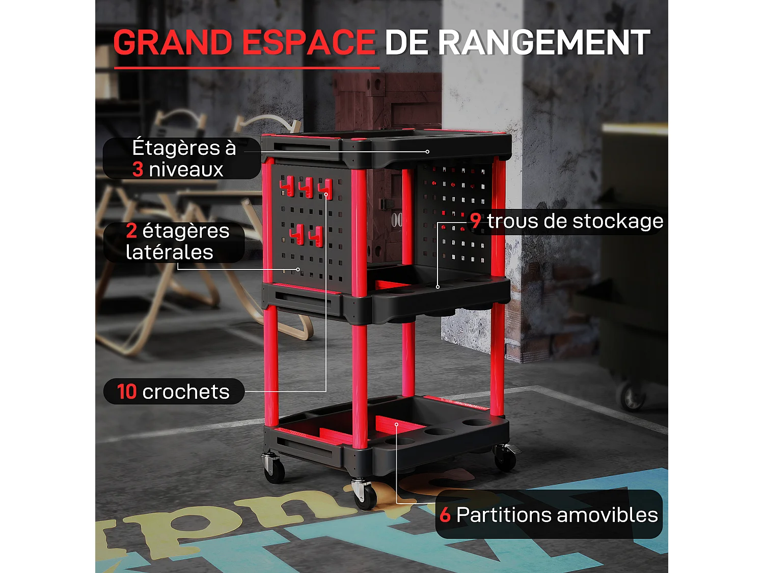 Servante chariot d'atelier multi-rangement 3 niveaux 2 panneaux perforés crochets rouge noir