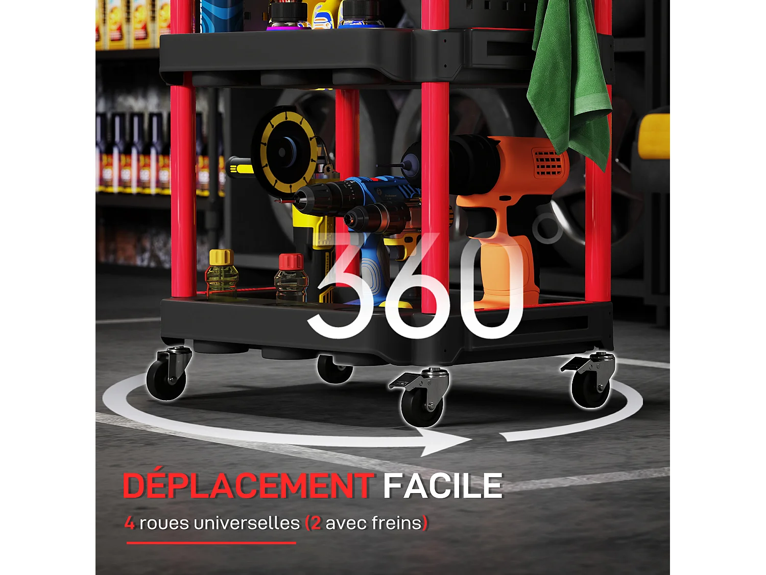 Servante chariot d'atelier multi-rangement 3 niveaux 2 panneaux perforés crochets rouge noir