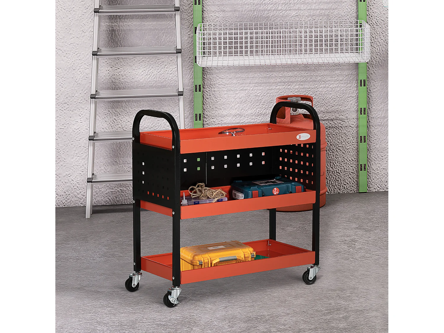 Chariot d'atelier servante 3 niveaux 3 panneaux perforés max. 100 Kg acier rouge noir
