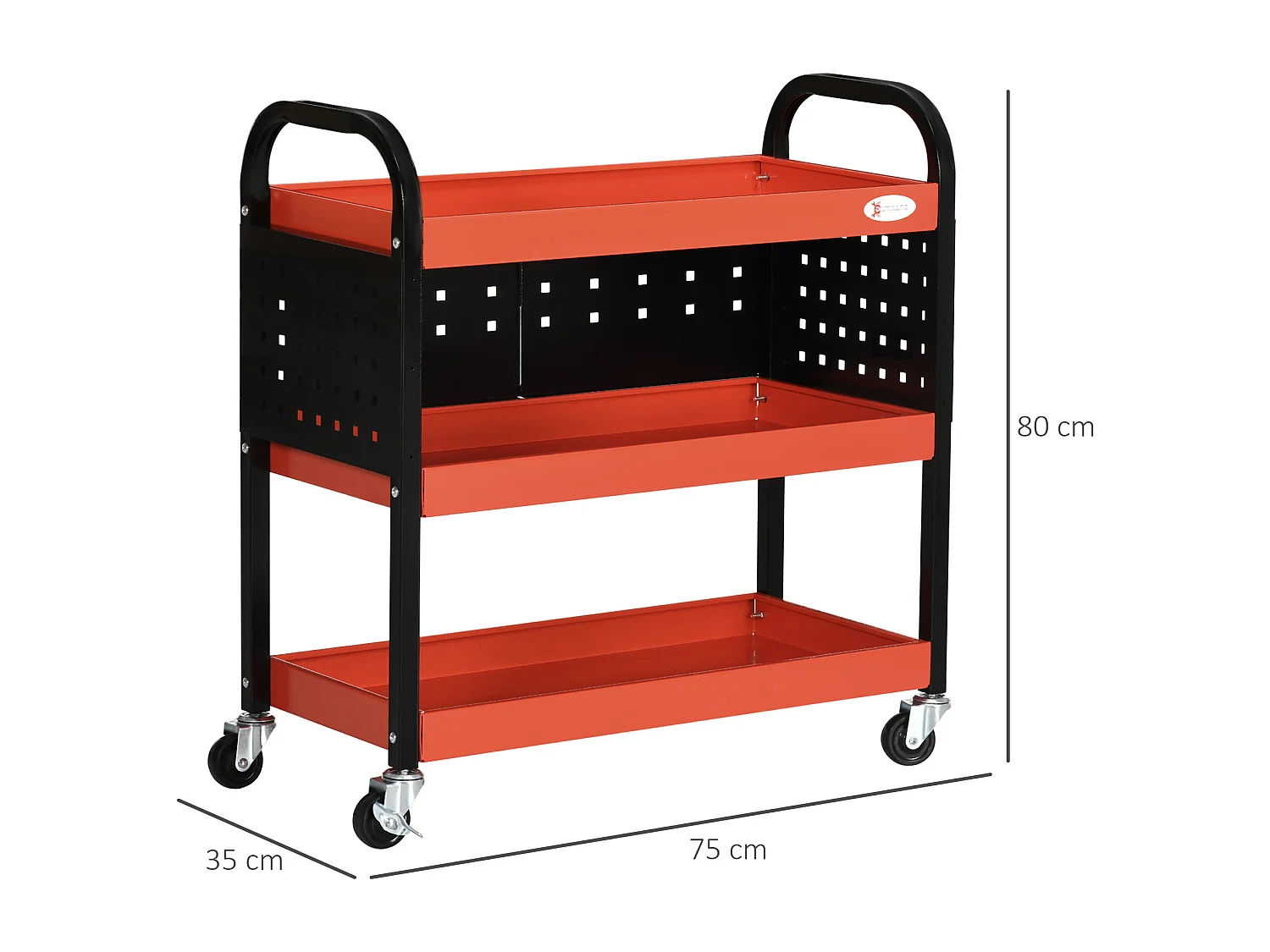 Chariot d'atelier servante 3 niveaux 3 panneaux perforés max. 100 Kg acier rouge noir