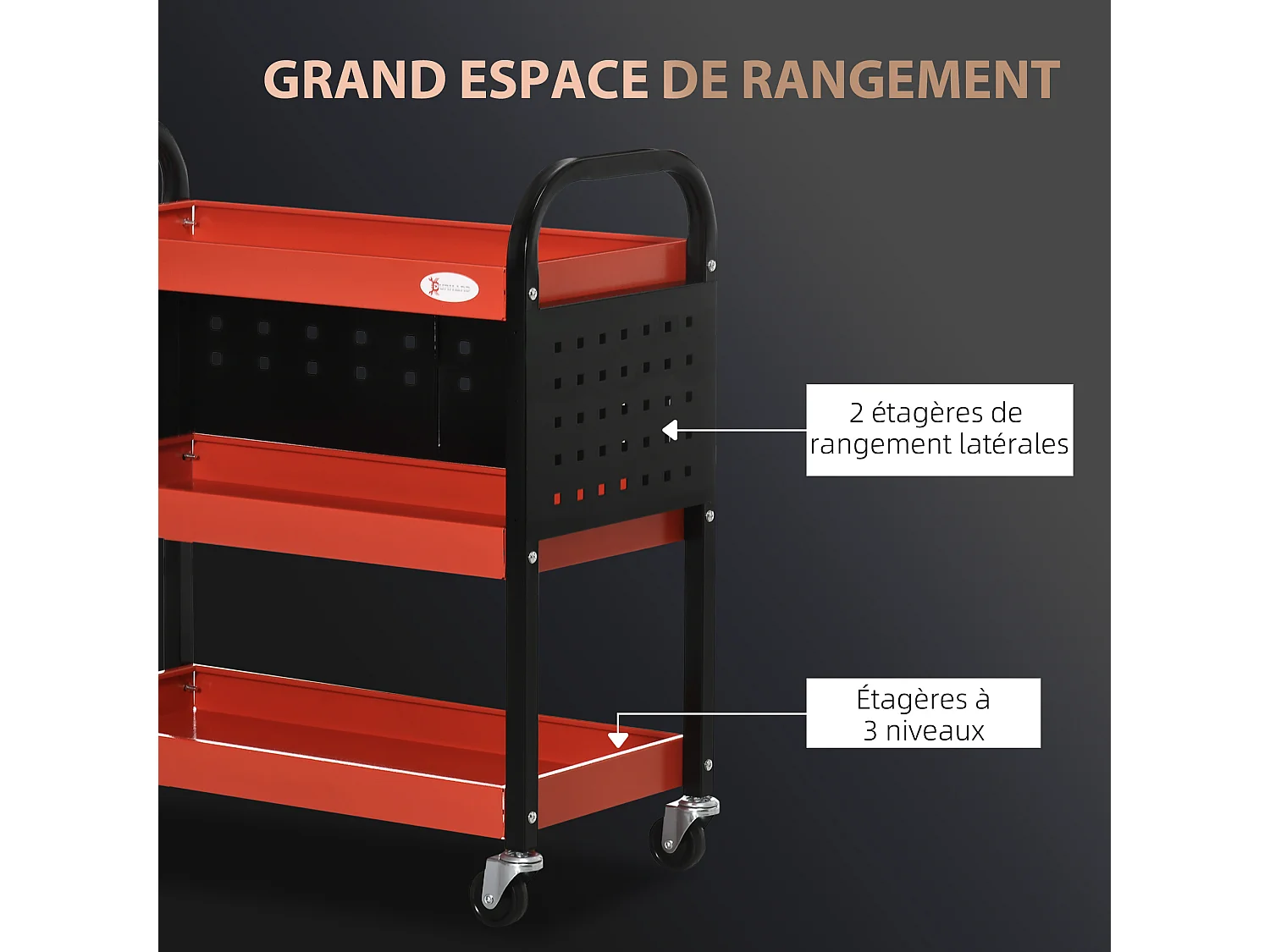Chariot d'atelier servante 3 niveaux 3 panneaux perforés max. 100 Kg acier rouge noir
