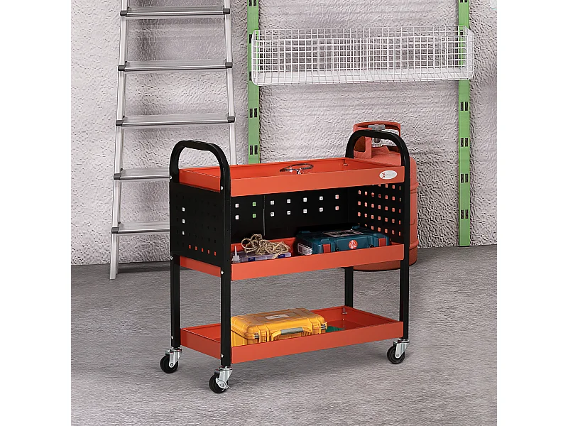 Chariot d'atelier servante 3 niveaux 3 panneaux perforés max. 100 Kg acier rouge noir