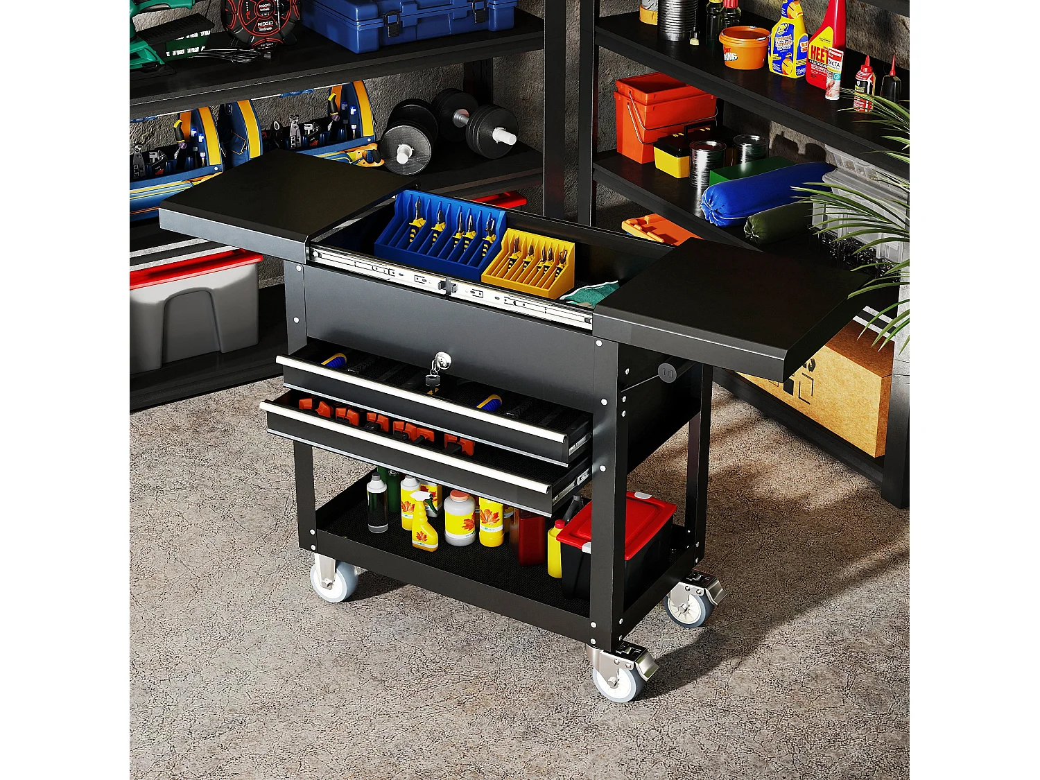 Servante d'atelier acier plateau coulissant coffre rangement 2 tiroirs verrouillables étagère noir