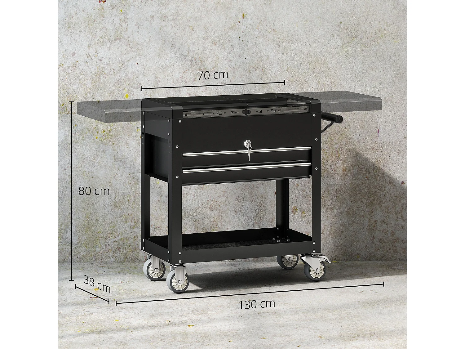 Servante d'atelier acier plateau coulissant coffre rangement 2 tiroirs verrouillables étagère noir