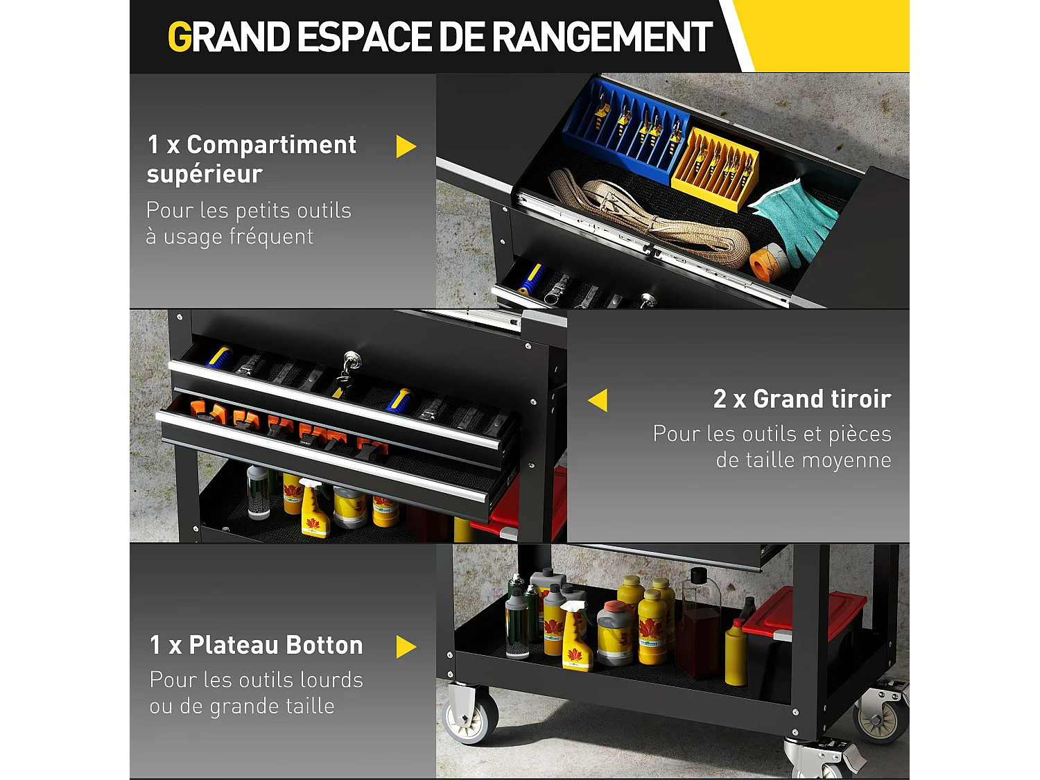 Servante d'atelier acier plateau coulissant coffre rangement 2 tiroirs verrouillables étagère noir