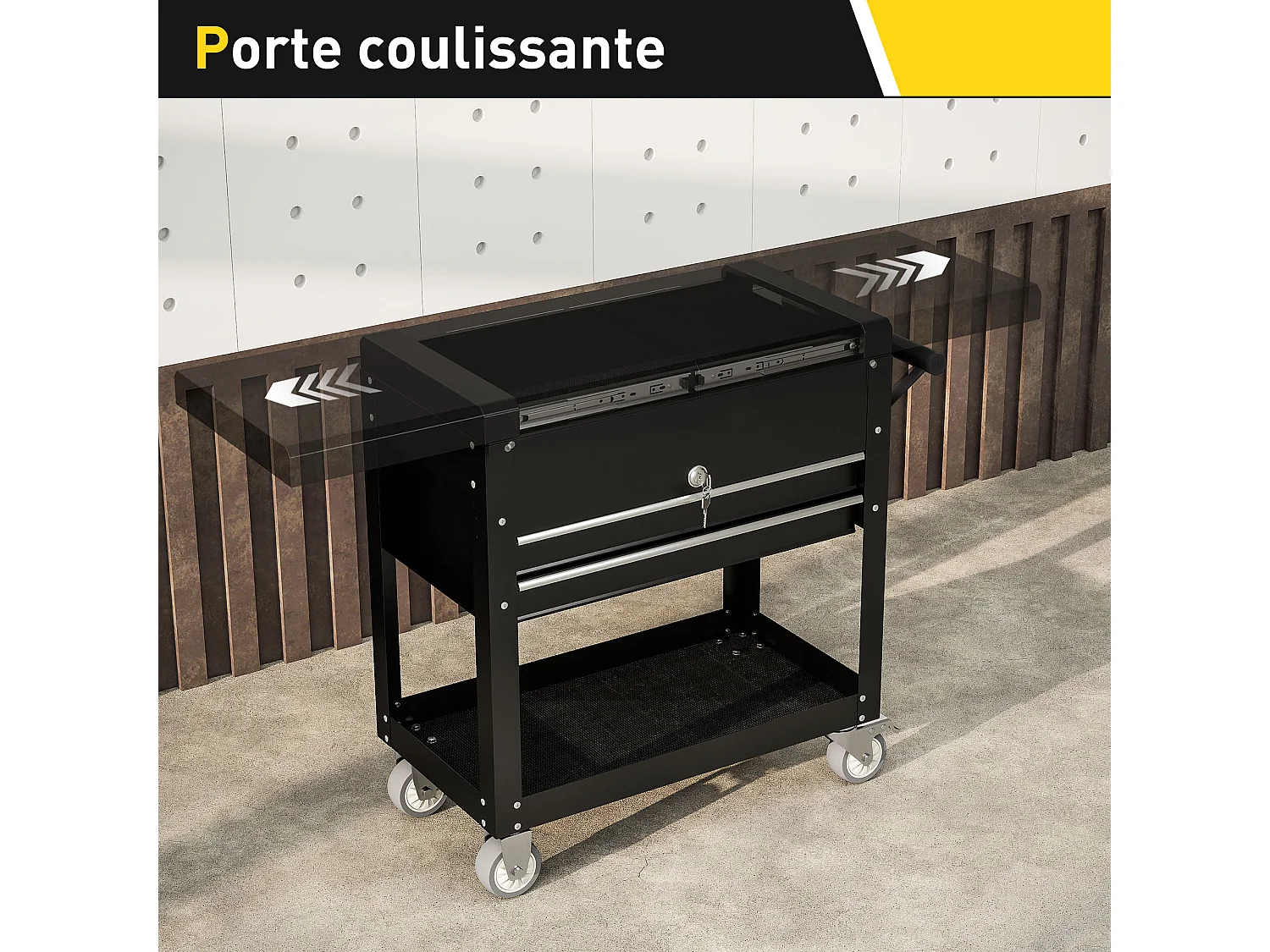 Servante d'atelier acier plateau coulissant coffre rangement 2 tiroirs verrouillables étagère noir