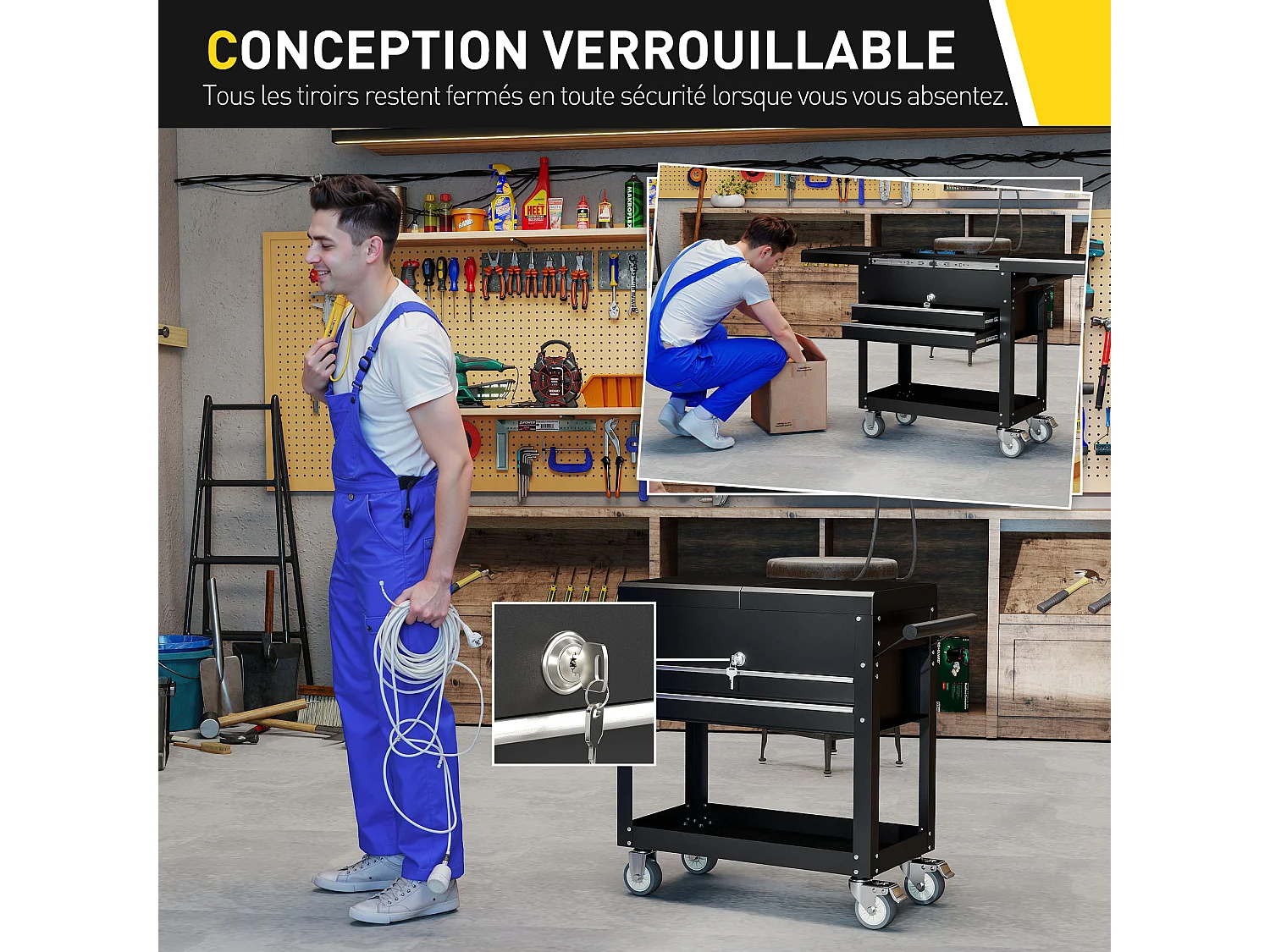 Servante d'atelier acier plateau coulissant coffre rangement 2 tiroirs verrouillables étagère noir