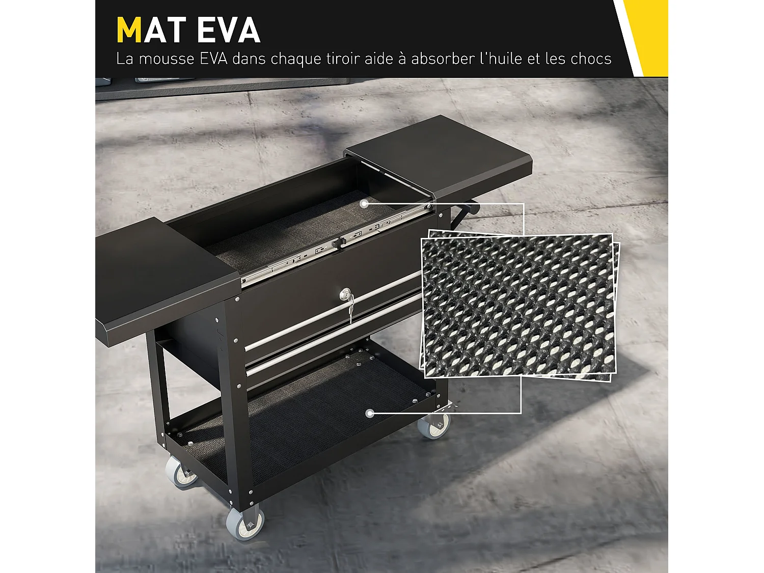 Servante d'atelier acier plateau coulissant coffre rangement 2 tiroirs verrouillables étagère noir
