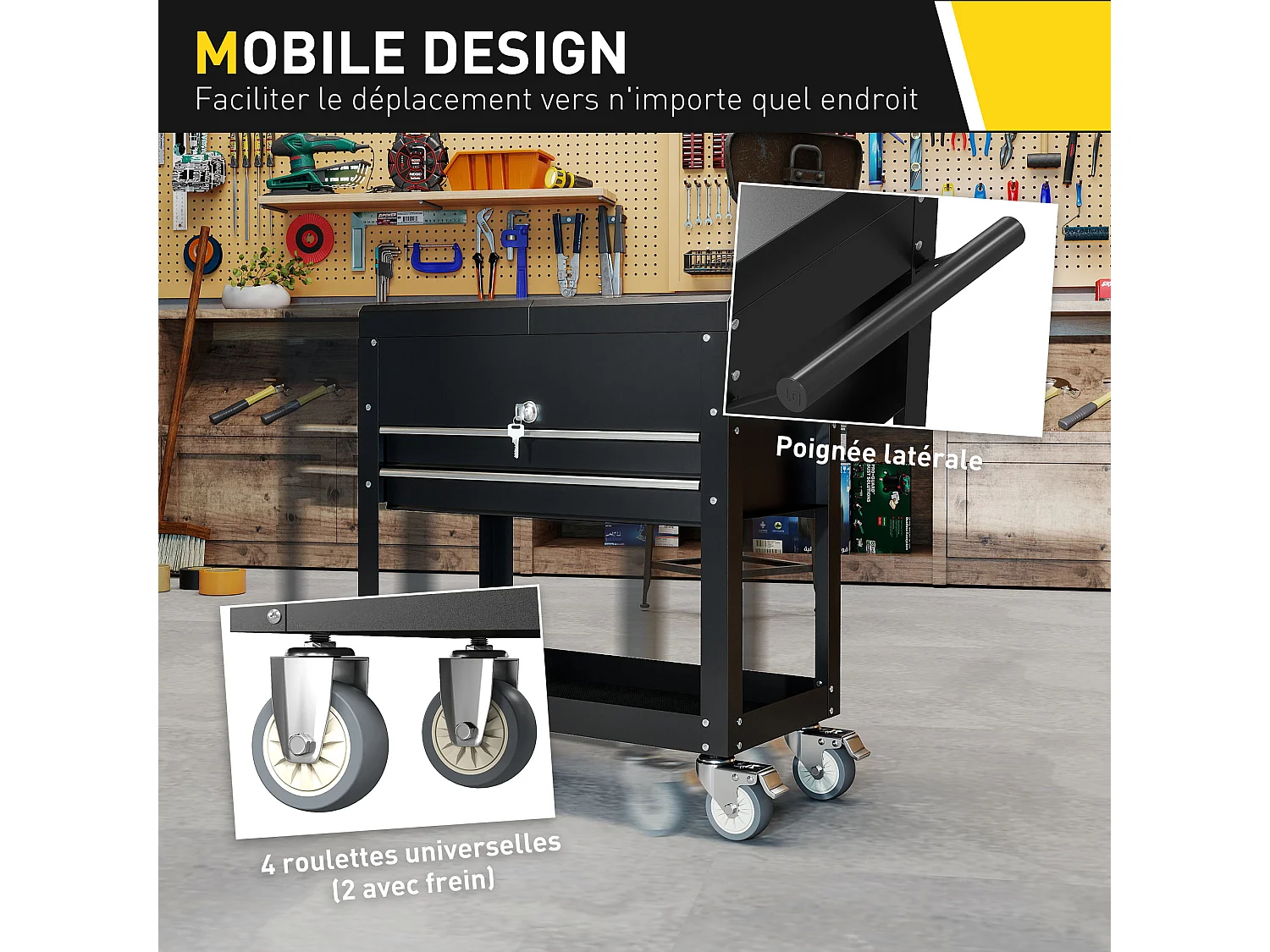Servante d'atelier acier plateau coulissant coffre rangement 2 tiroirs verrouillables étagère noir