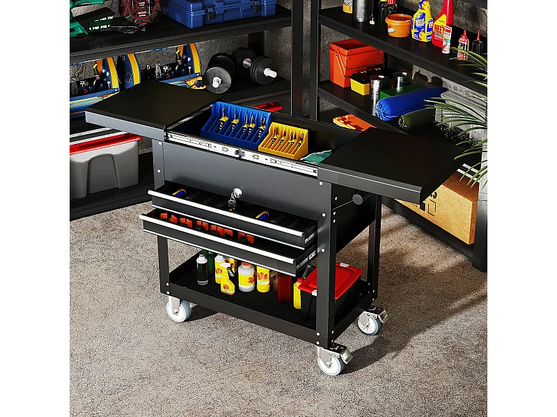 Servante d'atelier acier plateau coulissant coffre rangement 2 tiroirs verrouillables étagère noir