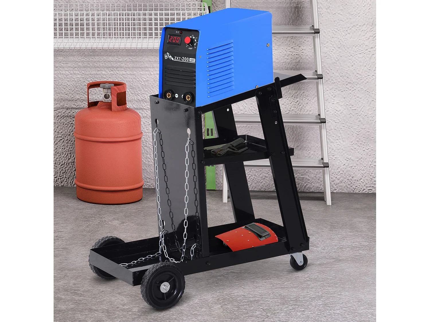 Chariot de soudage à 3 niveaux mobile 4 roues - poste à souder - support pour bouteille avec chaînes de soutien - acier noir