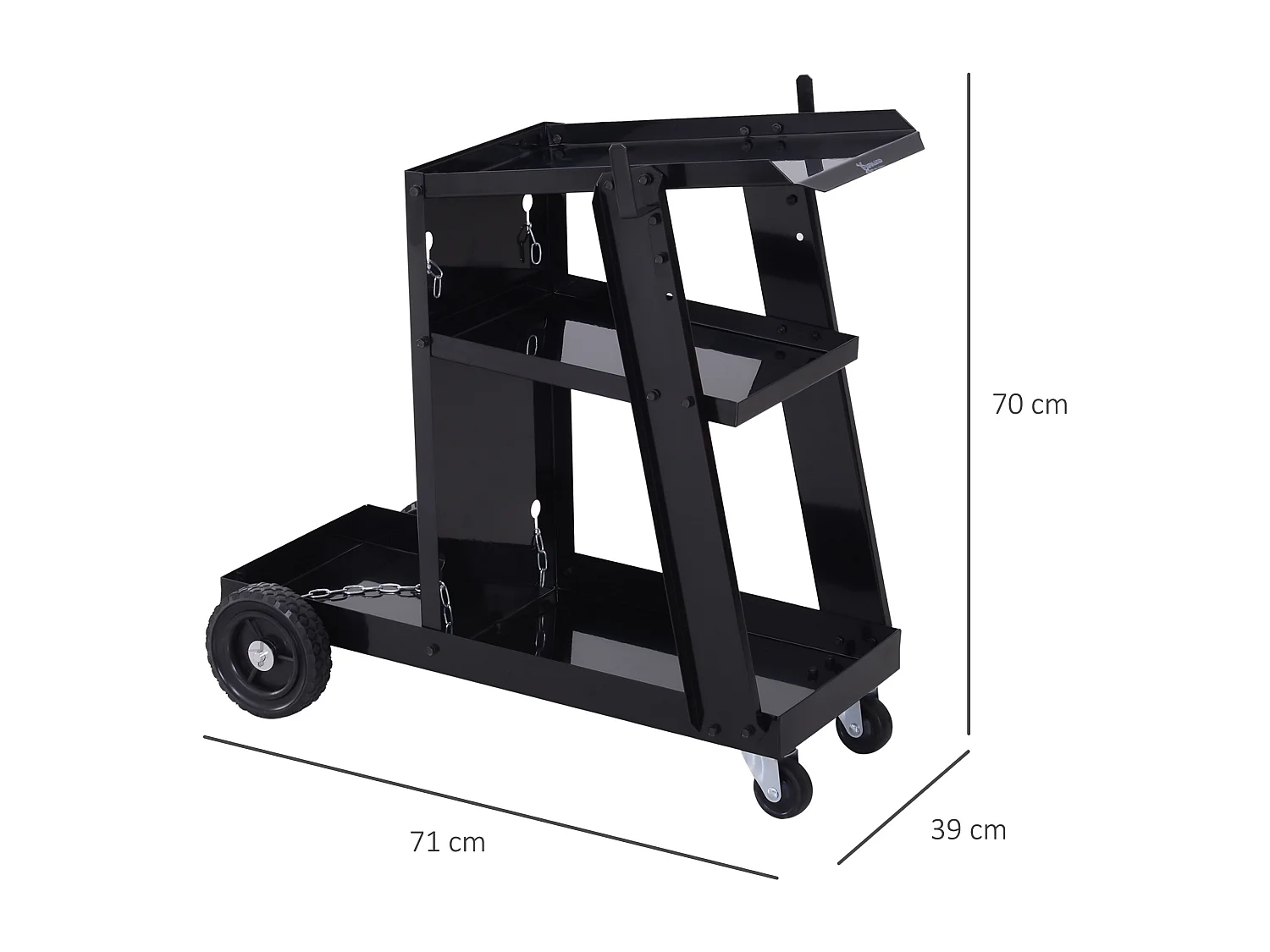 Chariot de soudage à 3 niveaux mobile 4 roues - poste à souder - support pour bouteille avec chaînes de soutien - acier noir