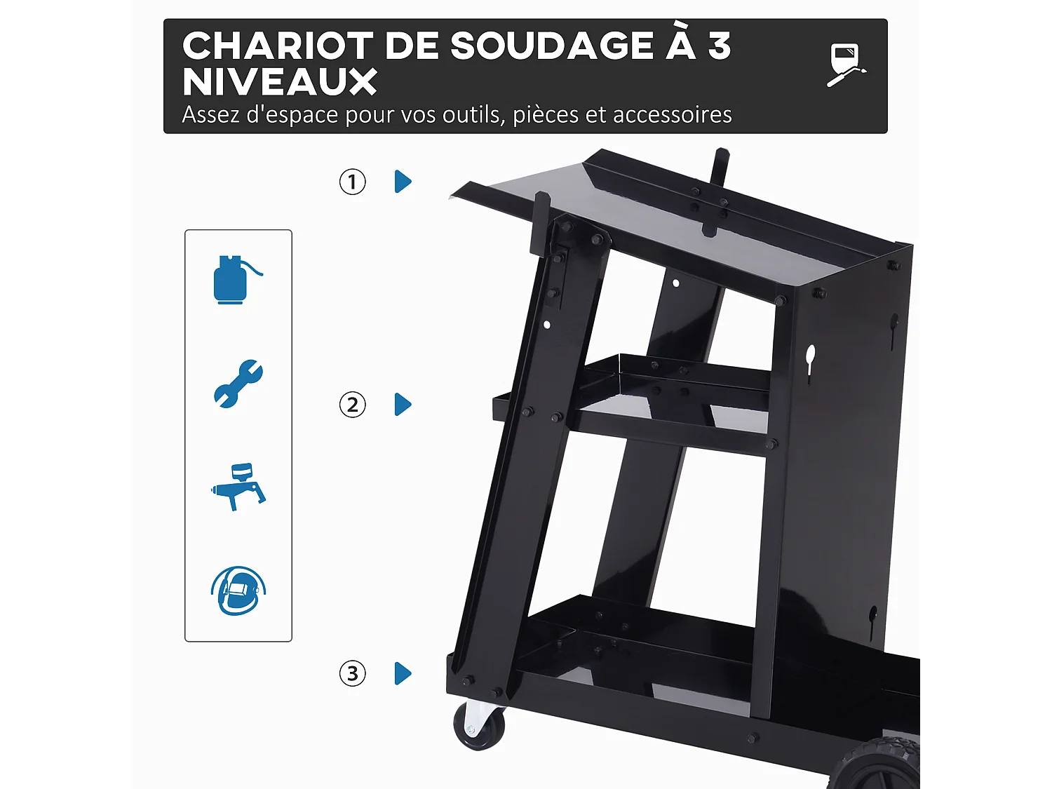 Chariot de soudage à 3 niveaux mobile 4 roues - poste à souder - support pour bouteille avec chaînes de soutien - acier noir