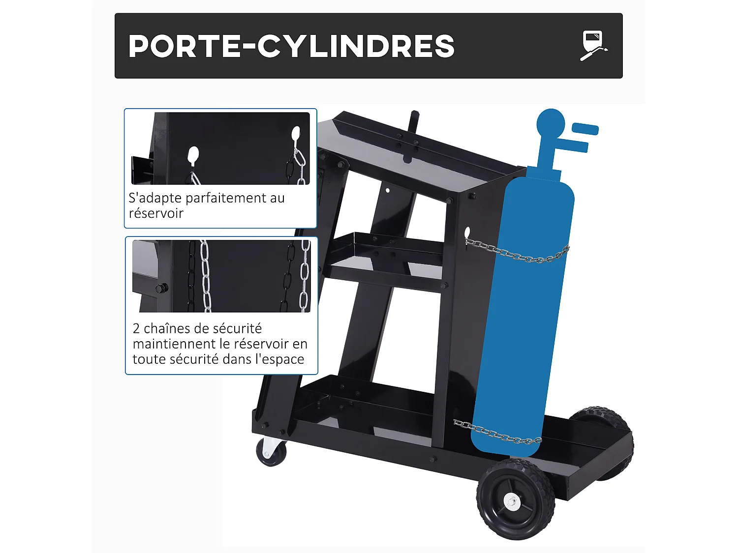 Chariot de soudage à 3 niveaux mobile 4 roues - poste à souder - support pour bouteille avec chaînes de soutien - acier noir