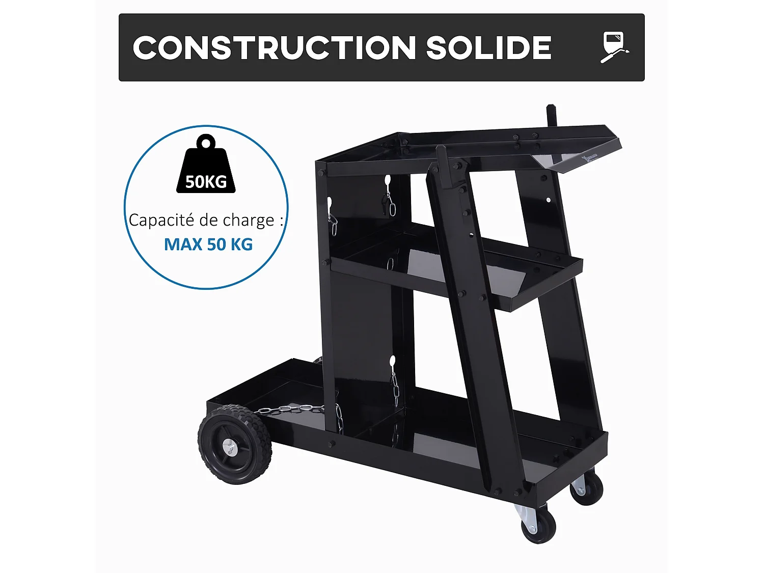 Chariot de soudage à 3 niveaux mobile 4 roues - poste à souder - support pour bouteille avec chaînes de soutien - acier noir