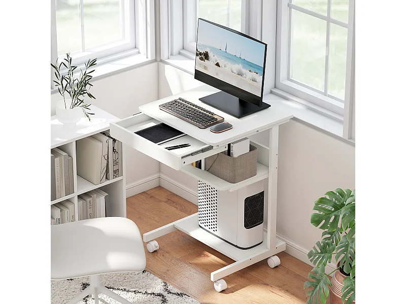 Bureau informatique roulant - bureau mobile - table d'ordinateur - tiroir coulissant 2 étagères - blanc naturel