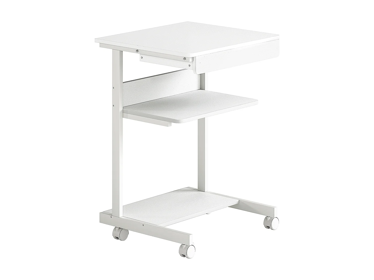 Bureau informatique roulant - bureau mobile - table d'ordinateur - tiroir coulissant 2 étagères - blanc naturel