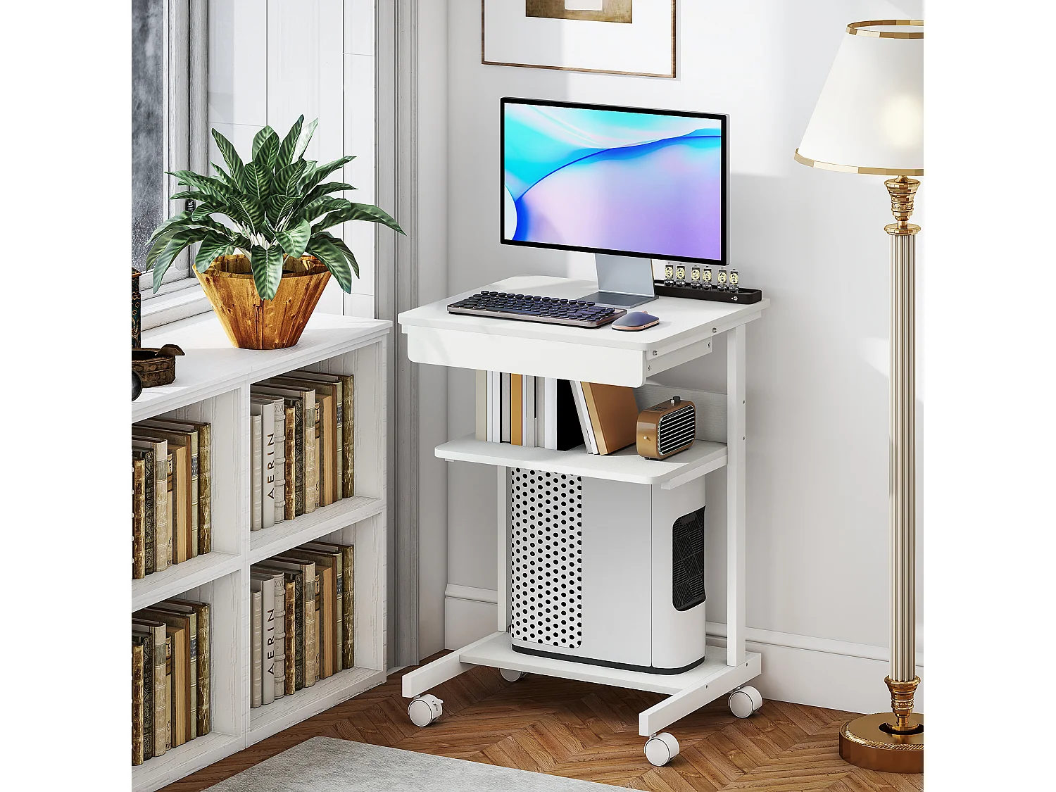 Bureau informatique roulant - bureau mobile - table d'ordinateur - tiroir coulissant 2 étagères - blanc naturel